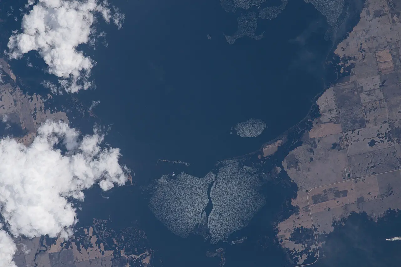 Aerial view of the lake and farmland from the ISS, 2015